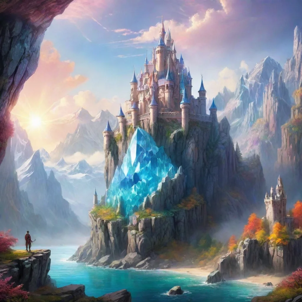  amazing castle fantasy landscape with giant crystal build on giant crystal cliffs bright colors awesome portrait 2 wide