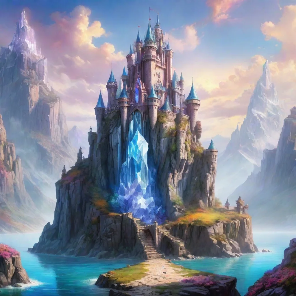 ai amazing castle fantasy landscape with giant crystal build on giant crystal cliffs bright colors fantasy awesome portrait