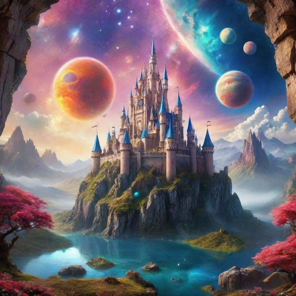 ai amazing castle in relaxing calming colorful world with planets in sky wonderful magical crystals epic overhangs awesome 
