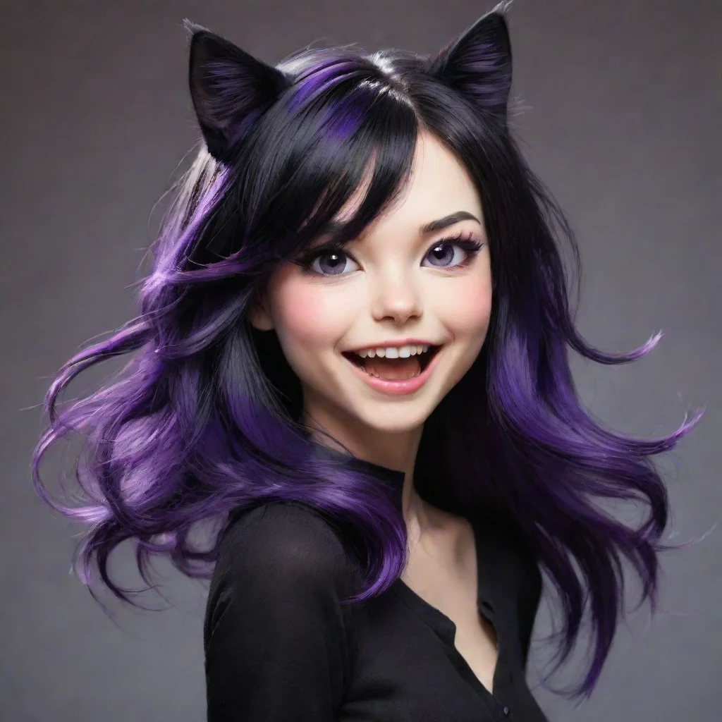 ai amazing cat girl with black purplish hair and is joyful awesome portrait 2 tall