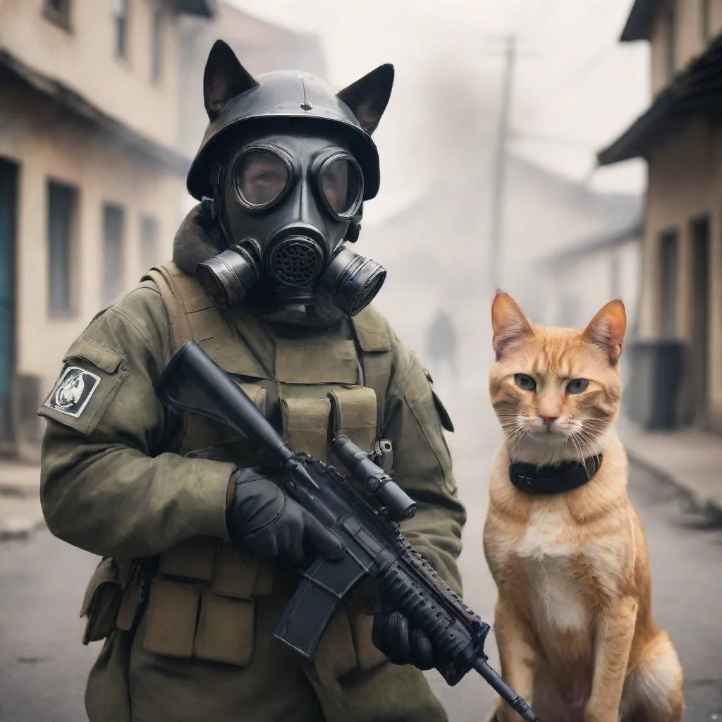 ai amazing cat soldier with gas mask shooting dog soldier in a small town awesome portrait 2 wide