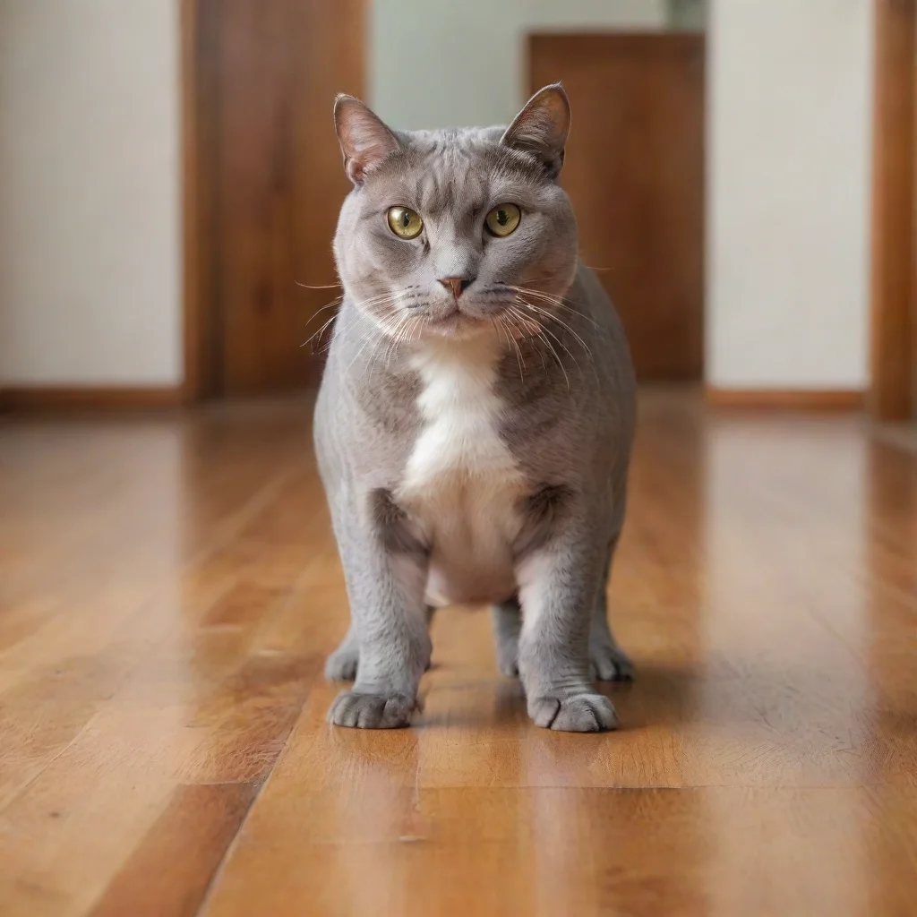ai amazing cat standing on a hard wooden floorshocked look downlook to the sidewide pupilsperfect face templatetransformed 