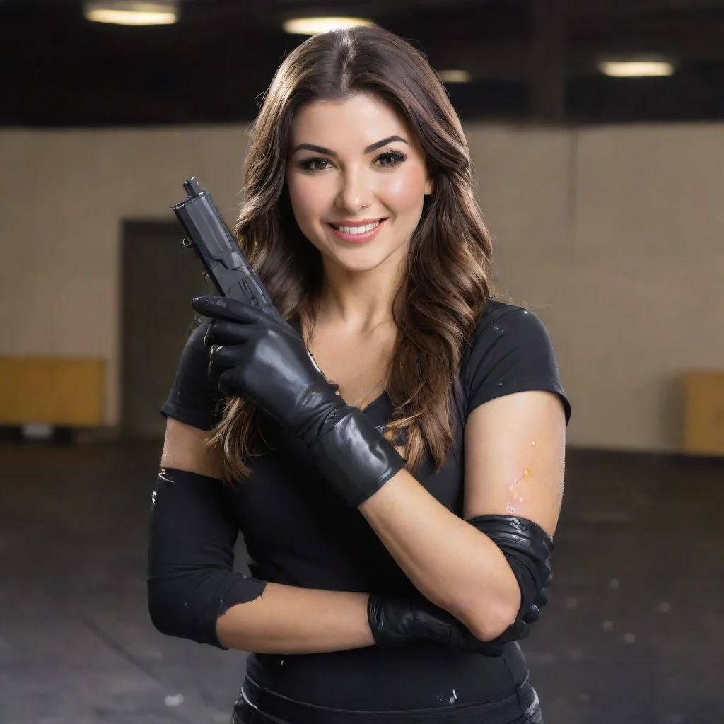 ai amazing cathy kelley wwe nxtsmiling with black nitrile gloves and gun at a shooting range and mayonnaise splattered ever