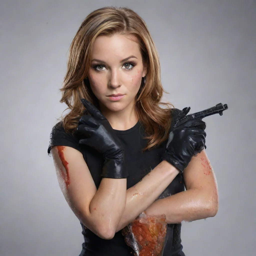  amazing challen cates actress as jennifer knight from big time rush with black gloves and gun and mayonnaise splattered 