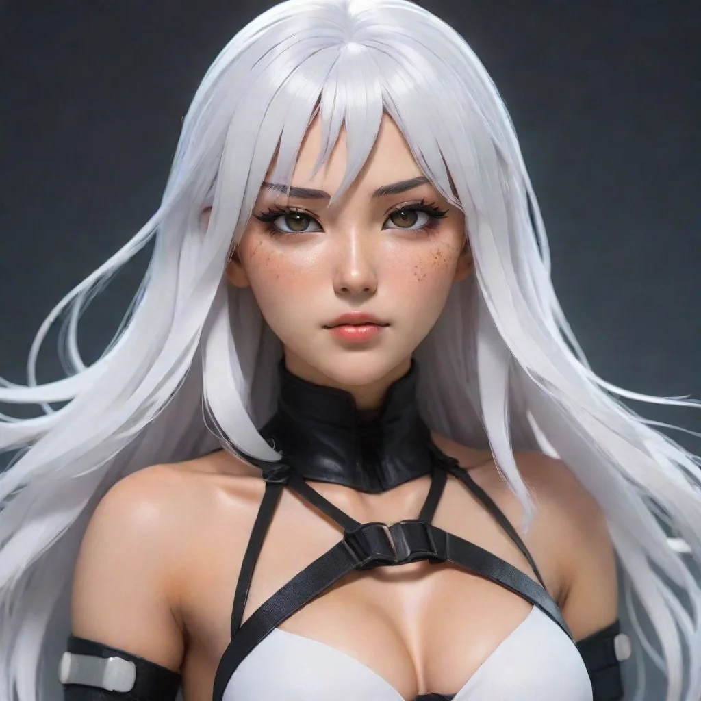 ai amazing character card white haired 3d manga superhero wearing strappy black harness costume freckled asian woman with w