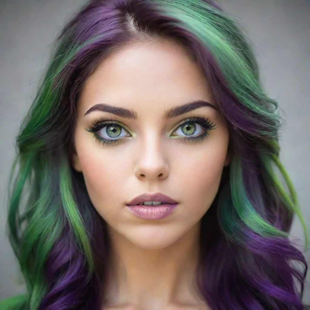 ai amazing chica con cabello morado y verdeojos verdes limonpiel claraawesome portrait 2