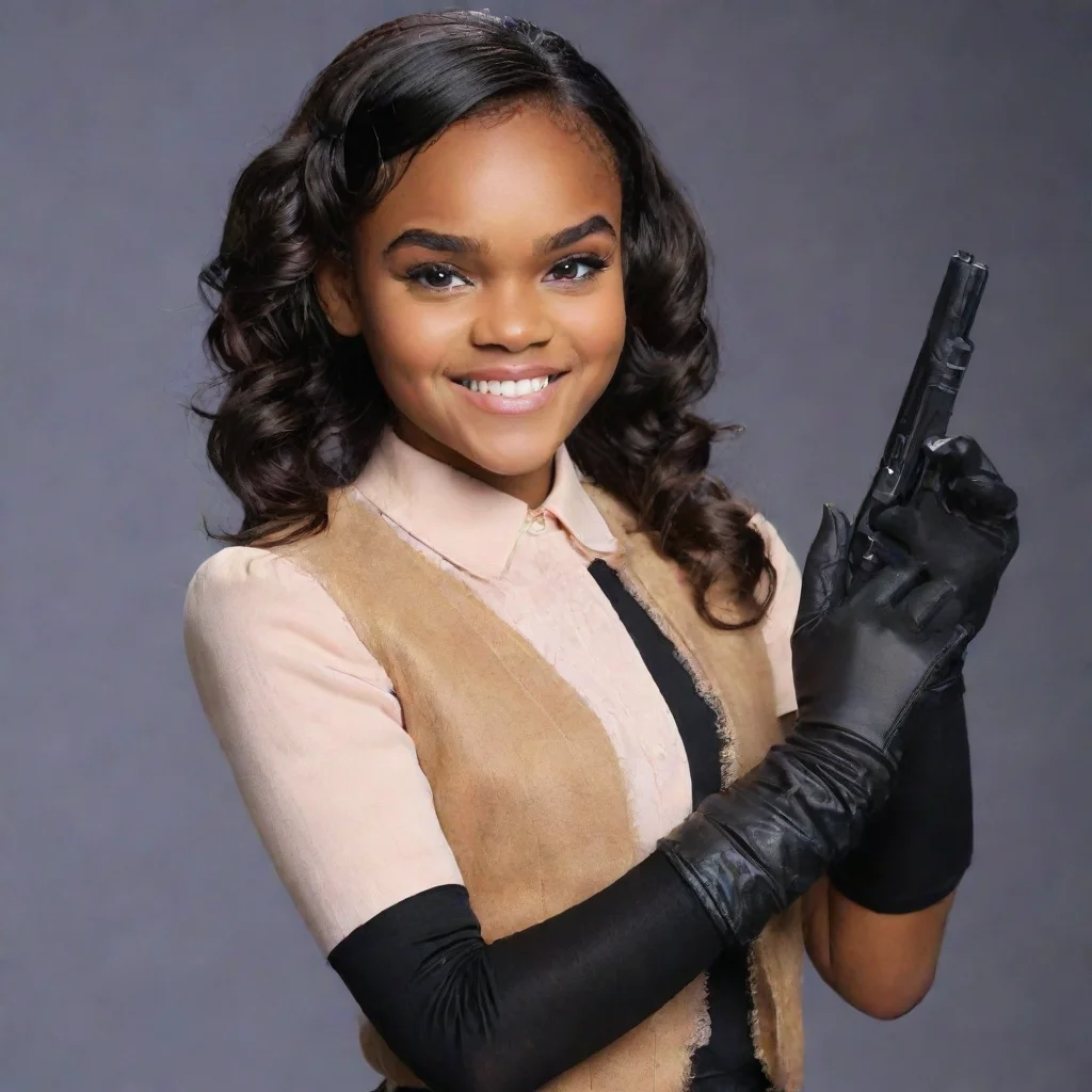 ai amazing china anne mcclain from disney channel smiling with black gloves and gun awesome portrait 2