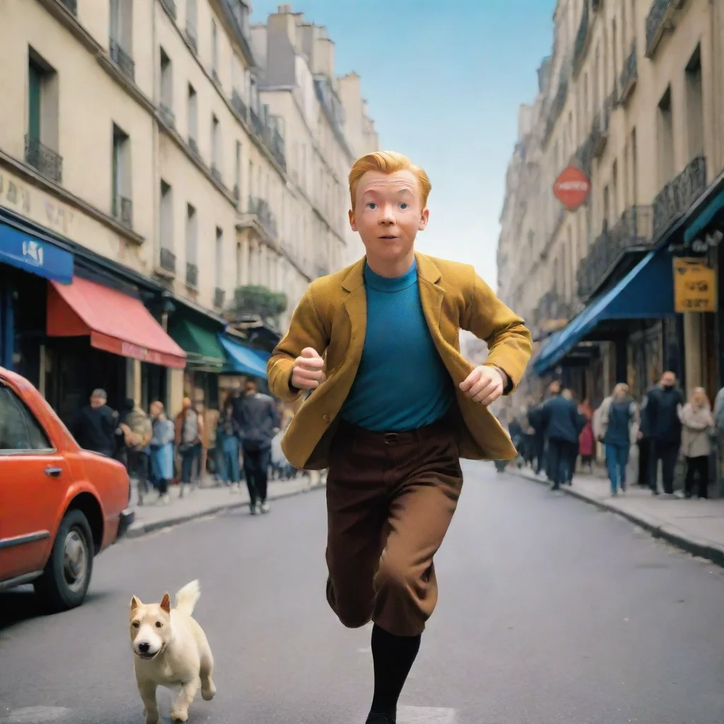 amazing cinematic long shot of tintin with blond hairrunning in a paris streetby herg flat comic colourbold linesvivid c