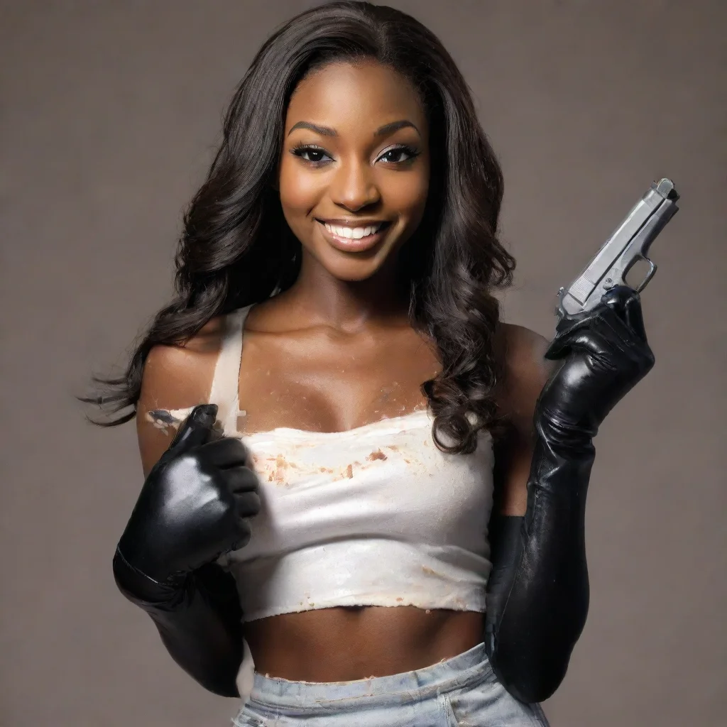  amazing coco jones smiling with black gloves and gun and mayonnaise splattered everywhere awesome portrait 2