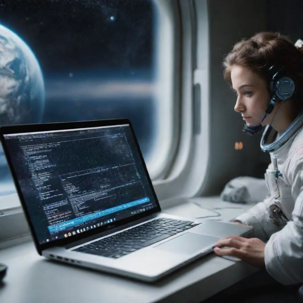 ai amazing coding on laptop astronaught space station other galaxy in window aesthetic hd awesome portrait 2