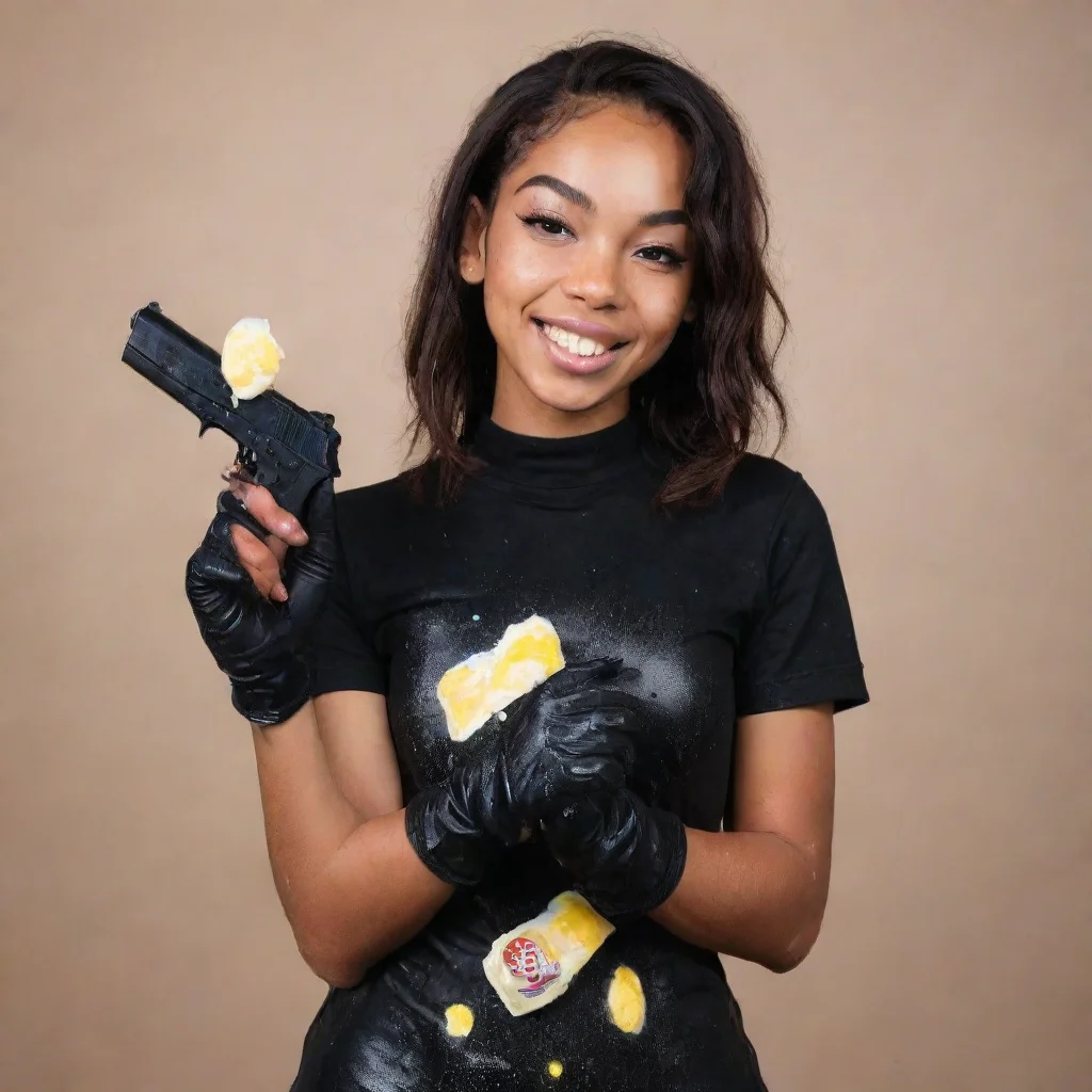 ai amazing coi leray smiling with black deluxe nitrileglovesand gun and mayonnaise splattered everywhere awesome portrait 2