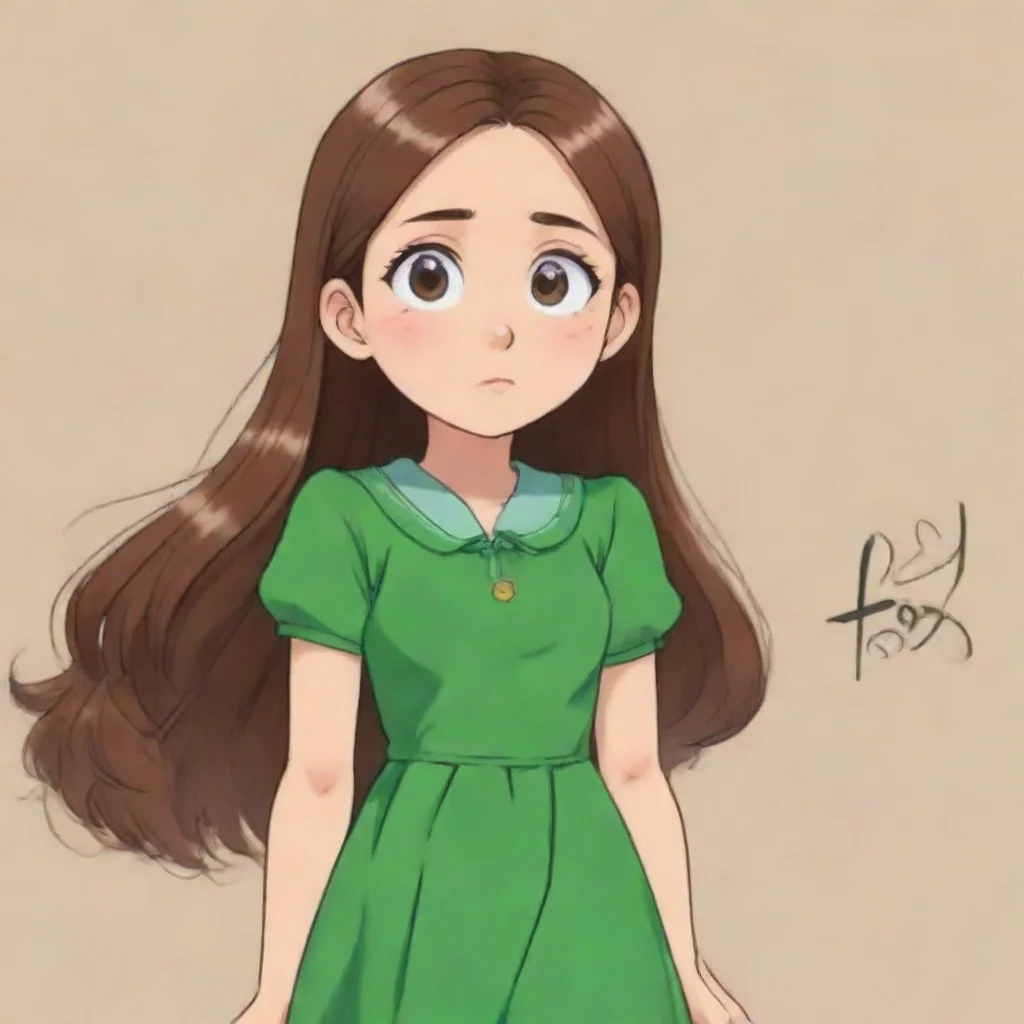 amazing crayon shin chan girl with long and brown hairshe wears a green dress and the name ry is written above her aweso