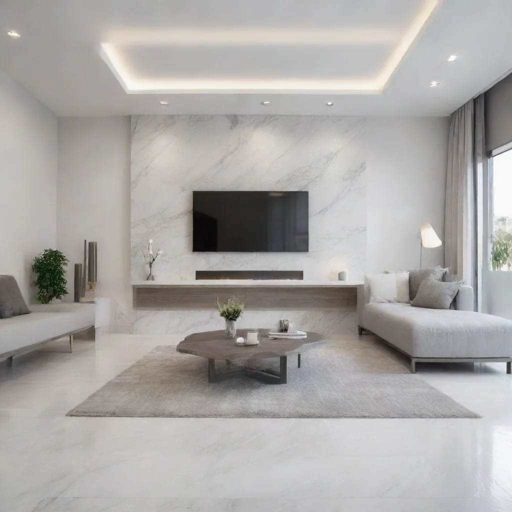 ai amazing crea imagen frontal real de salon moderno minimalista en colores blanco y gris con suelo de marmoltecho de vigas