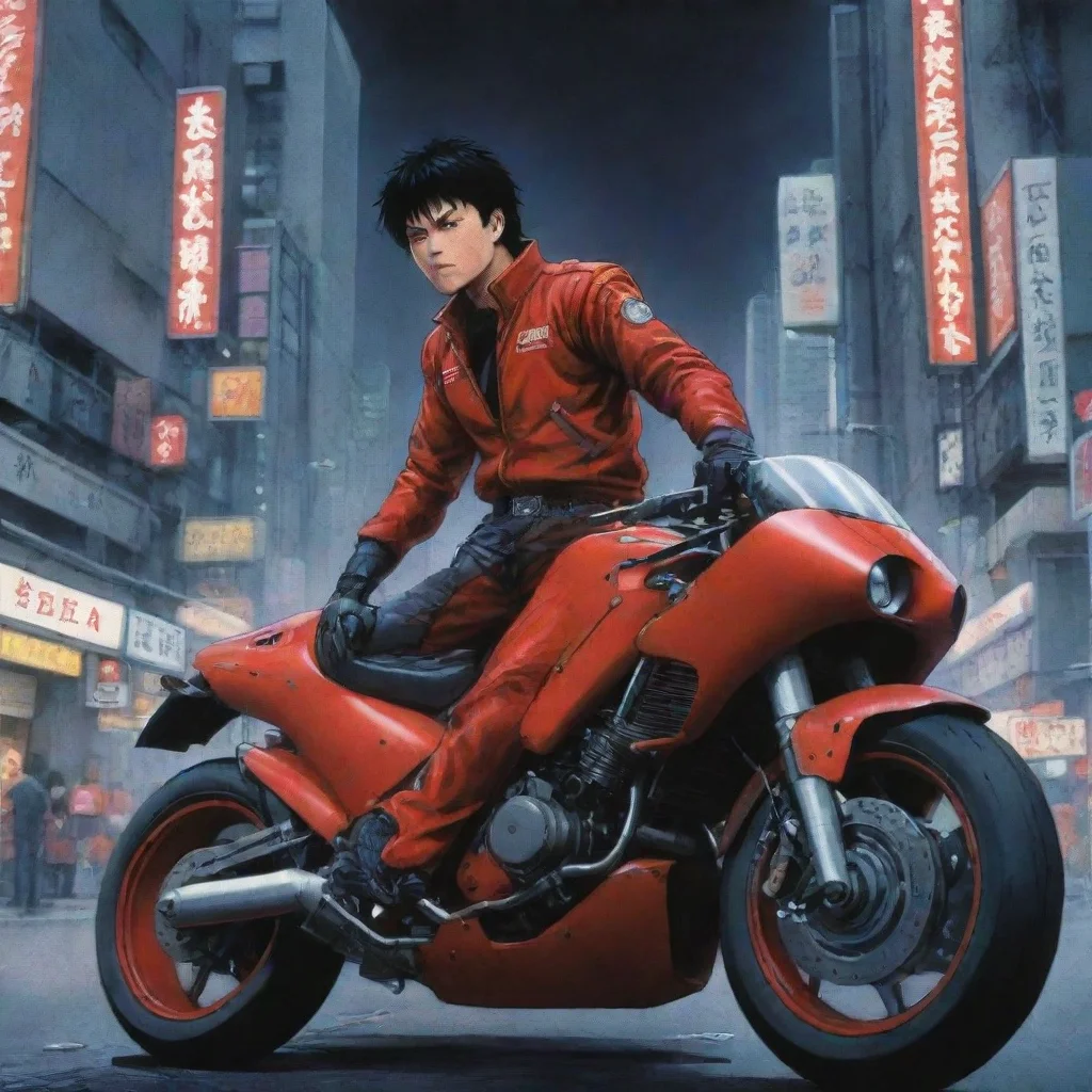 ai amazing crie uma imagem que retrate kaneda em sua moto vermelhap s luta com tetsuocom a cidade de neo tokyo em um estado