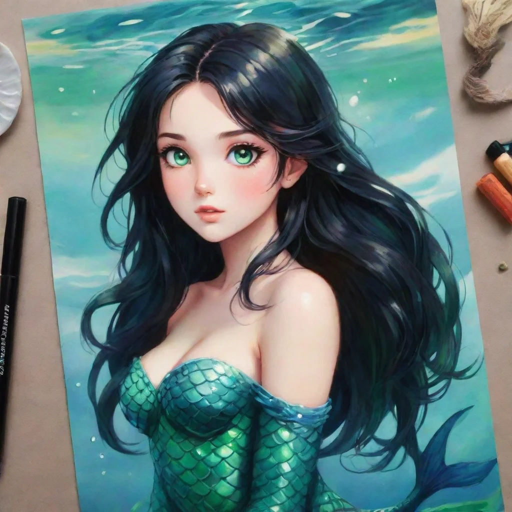 ai amazing cute anime mermaid with black hair and green eyes awesome portrait 2