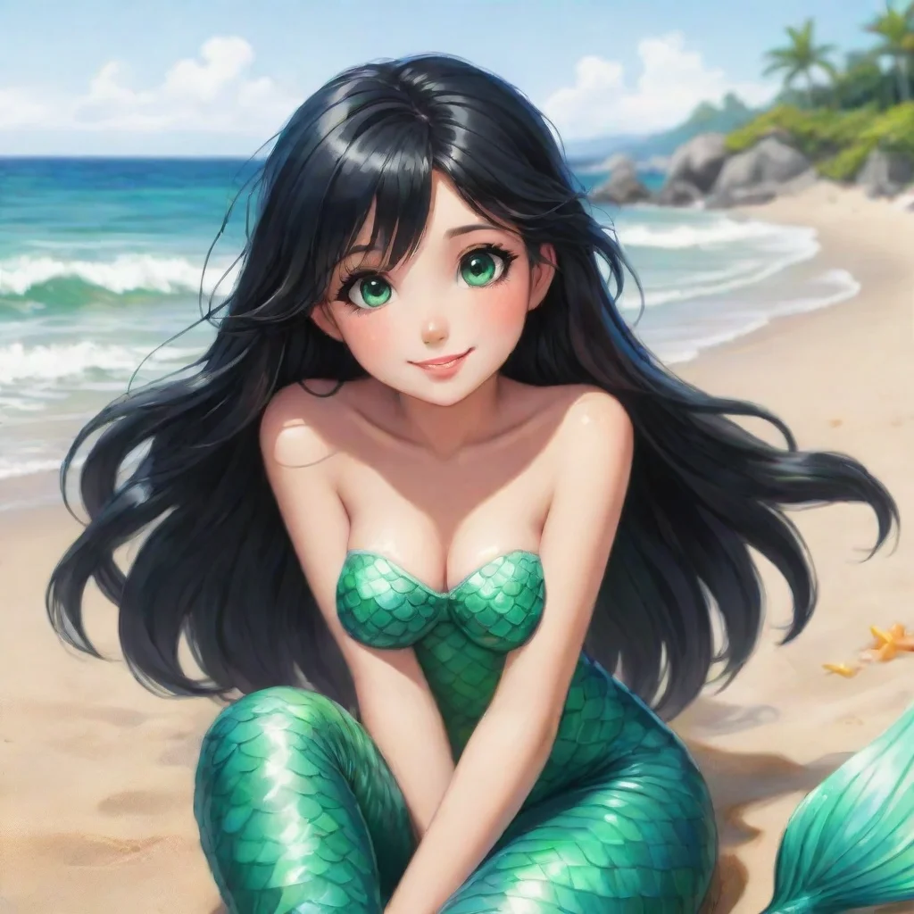 ai amazing cute anime mermaid with black hair and green eyes sitting on the beach smiling awesome portrait 2