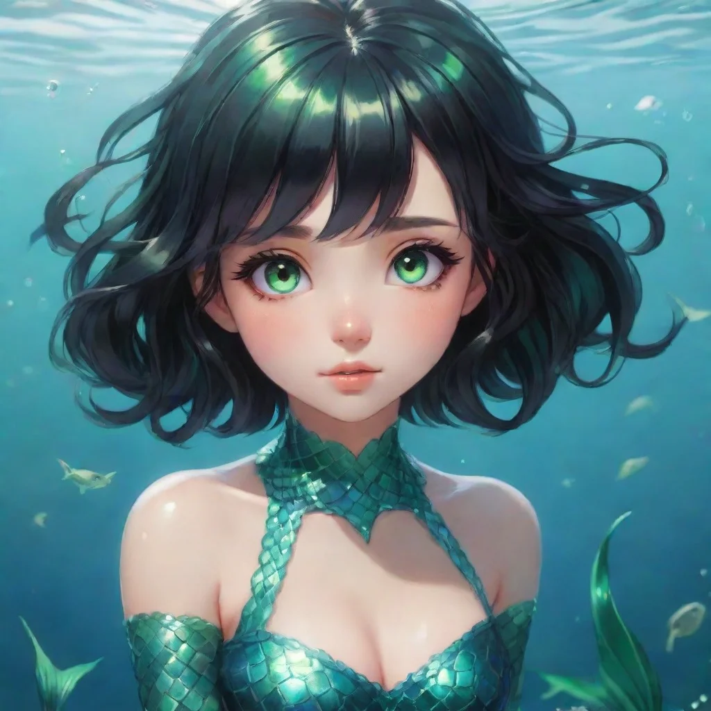 ai amazing cute anime mermaid with short black hair and green eyes awesome portrait 2