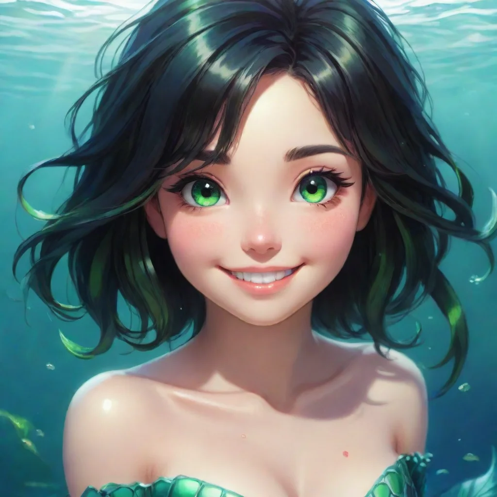 ai amazing cute anime mermaid with short black hair and green eyes smiling awesome portrait 2