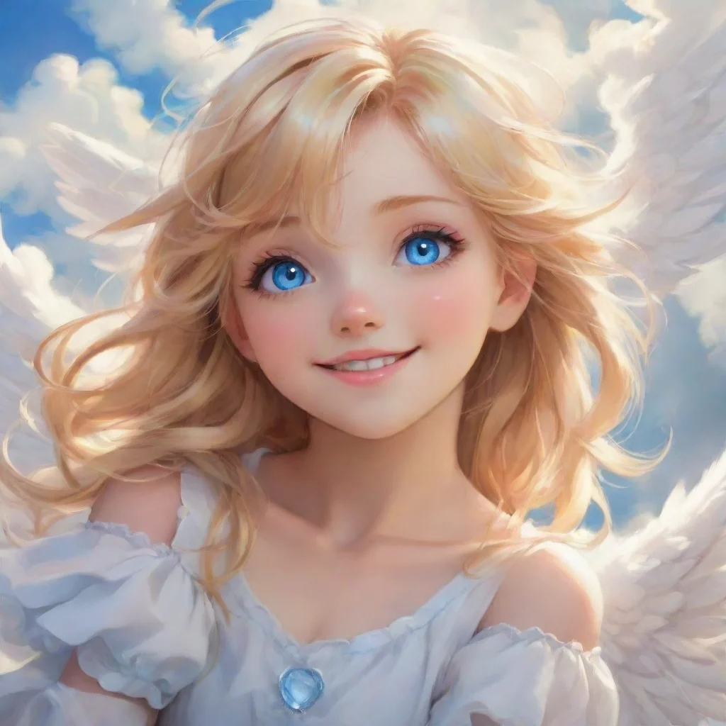 ai amazing cute blonde anime angel with blue eyes smiling on a cloud awesome portrait 2