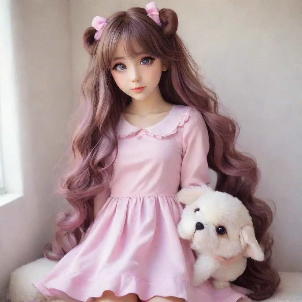ai amazing cute girl with floppy dog ears and a fluffy doggy tailbig adorable purple eyespink kawaii dresslong wavy brown h