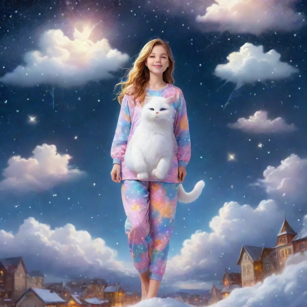  amazing cute smiling girl in colorful pajamas and her surreal giant white cat floating in a magical clouda starry sky ov