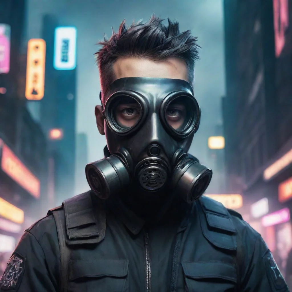 ai amazing cyber punk police man wearing gas mask in large city with cartoon style awesome portrait 2