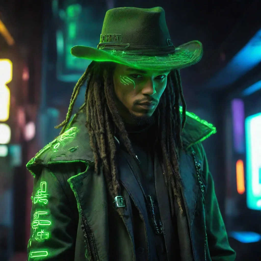  amazing cyberpunk dreadlocked desperado hat coat neon matrix revolver green awesome portrait 2