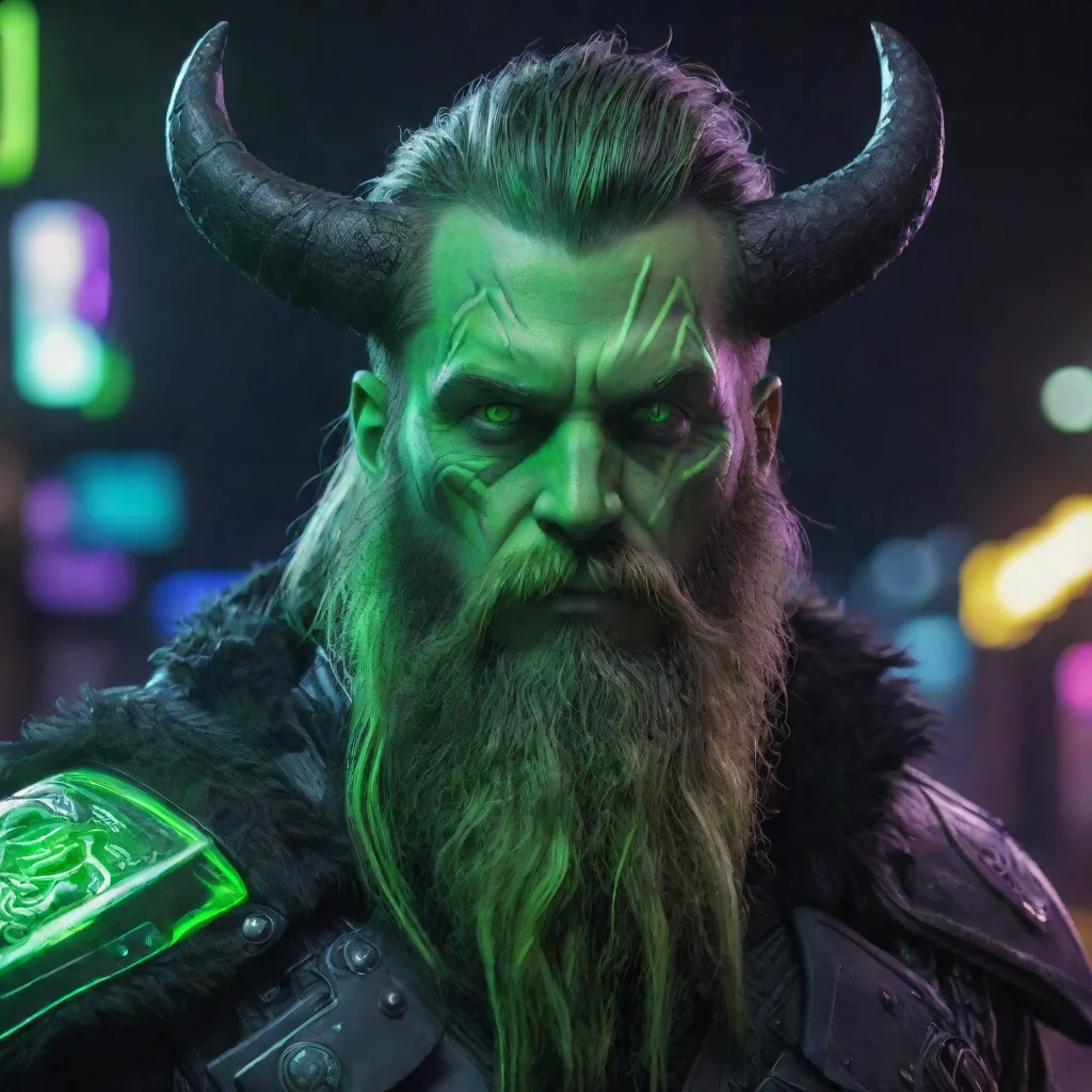 ai amazing cyberpunk neon bearded dradlock viking matrix green odins raven with axe awesome portrait 2