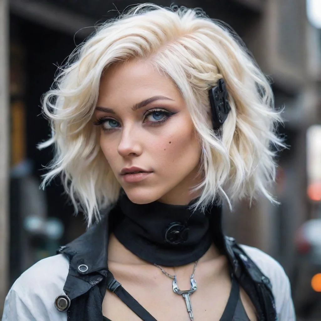 ai amazing cyberpunk nomad with platinum blonde wavy bob with black roots awesome portrait 2