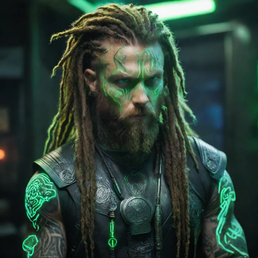 ai amazing cyberpunk viking neon green light tattooed bearded dreadlocks wild holy thor matrixawesome portrait 2