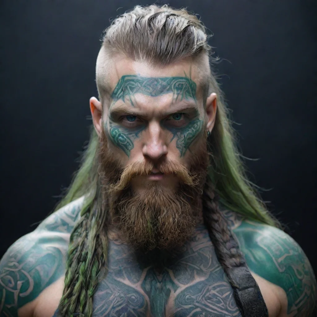 ai amazing cyberpunk viking wild axe matrix green tattoo beard long hair awesome portrait 2