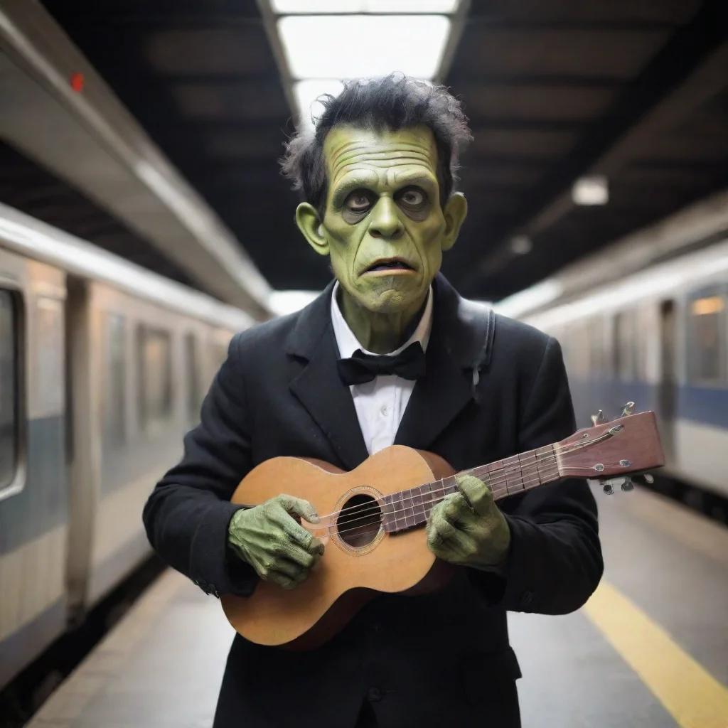  amazing daniel melero disguised as frankenstein s monstersinging andplaying a ukelele in a railway station in the style 