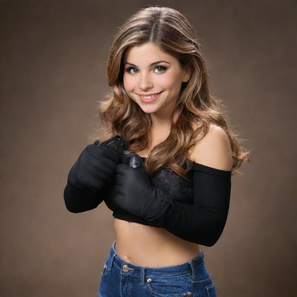  amazing danielle christine fishel as topanga from girl meets world smiling with black gloves and gun shooting mayonnaise