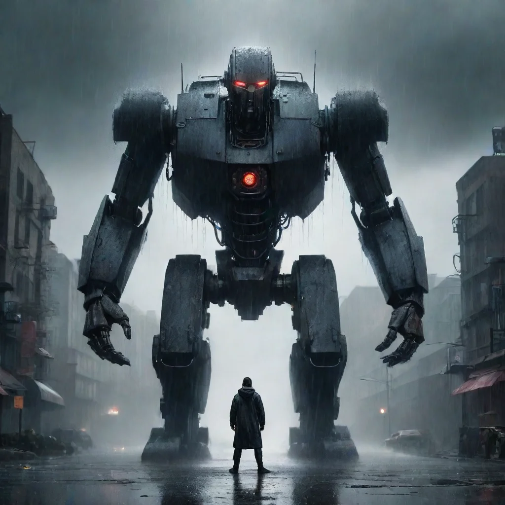 ai amazing dark fantasylone man facing a giant cyber robot during a rain storm in a post apocalyptic city awesome portrait 