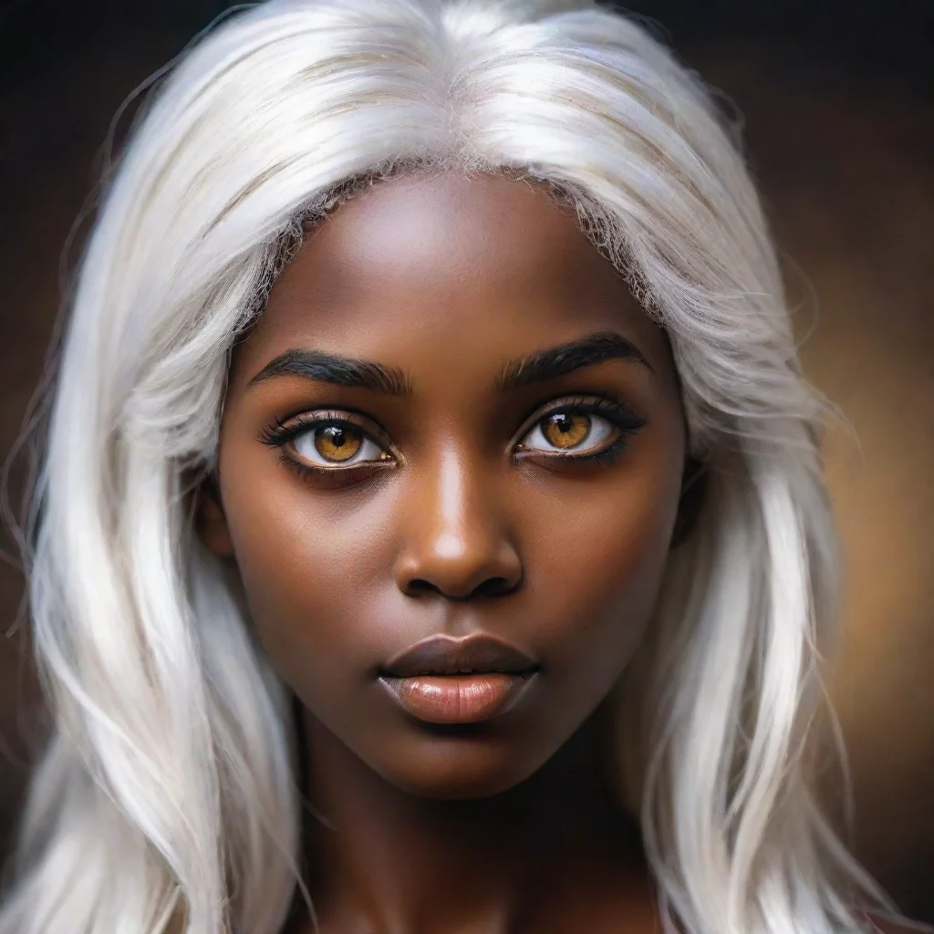  amazing dark skinned complexion girl with white hairand golden eyes with bronze highlights hyperrealistic awesome portra