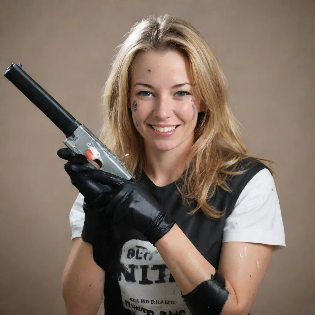 ai amazing debbie matherssmilingwith black nitrile gloves and gun and mayonnaise splattered everywhere awesome portrait 2