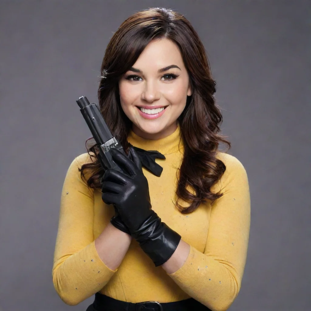 ai amazing demi levato actress as sonny munroe from sonny with a chance smiling with black gloves and gun and mayonnaise sp