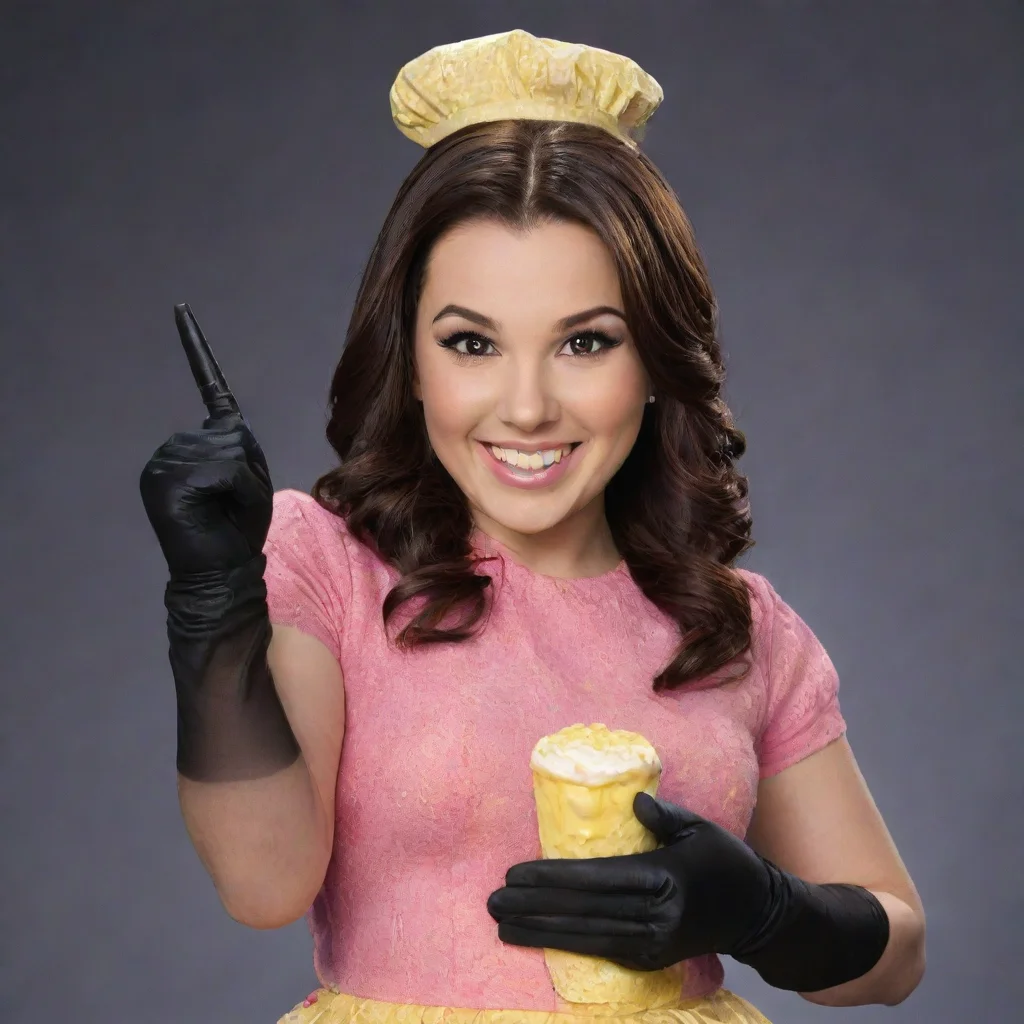 ai amazing demi levato as sonny munroe from sonny with a chance smiling with black gloves and gun squirtingmayonnaise aweso