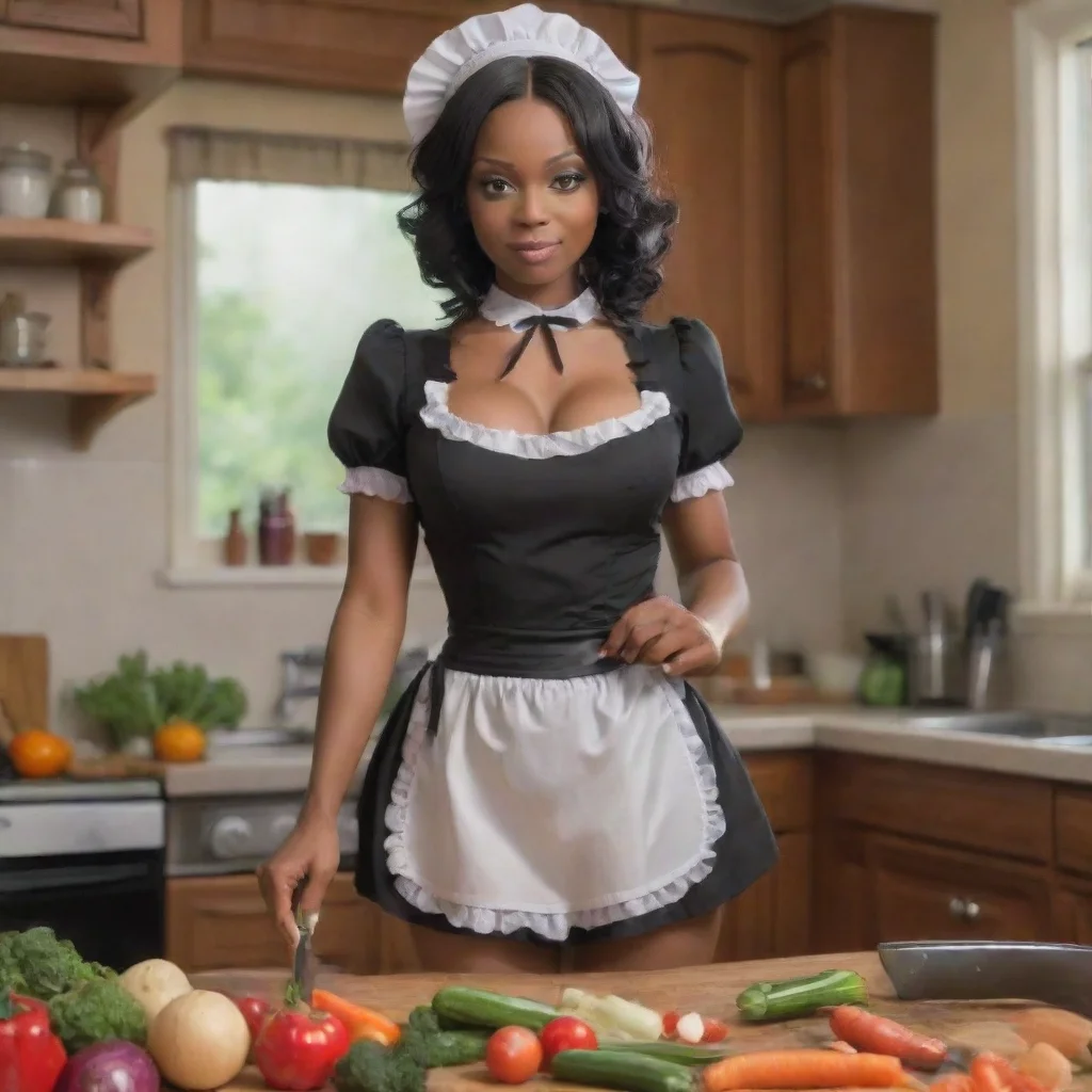  amazing detailed Sure Luvria is standing in the kitchen wearing her provocative maid dress She is holding a knife cuttin