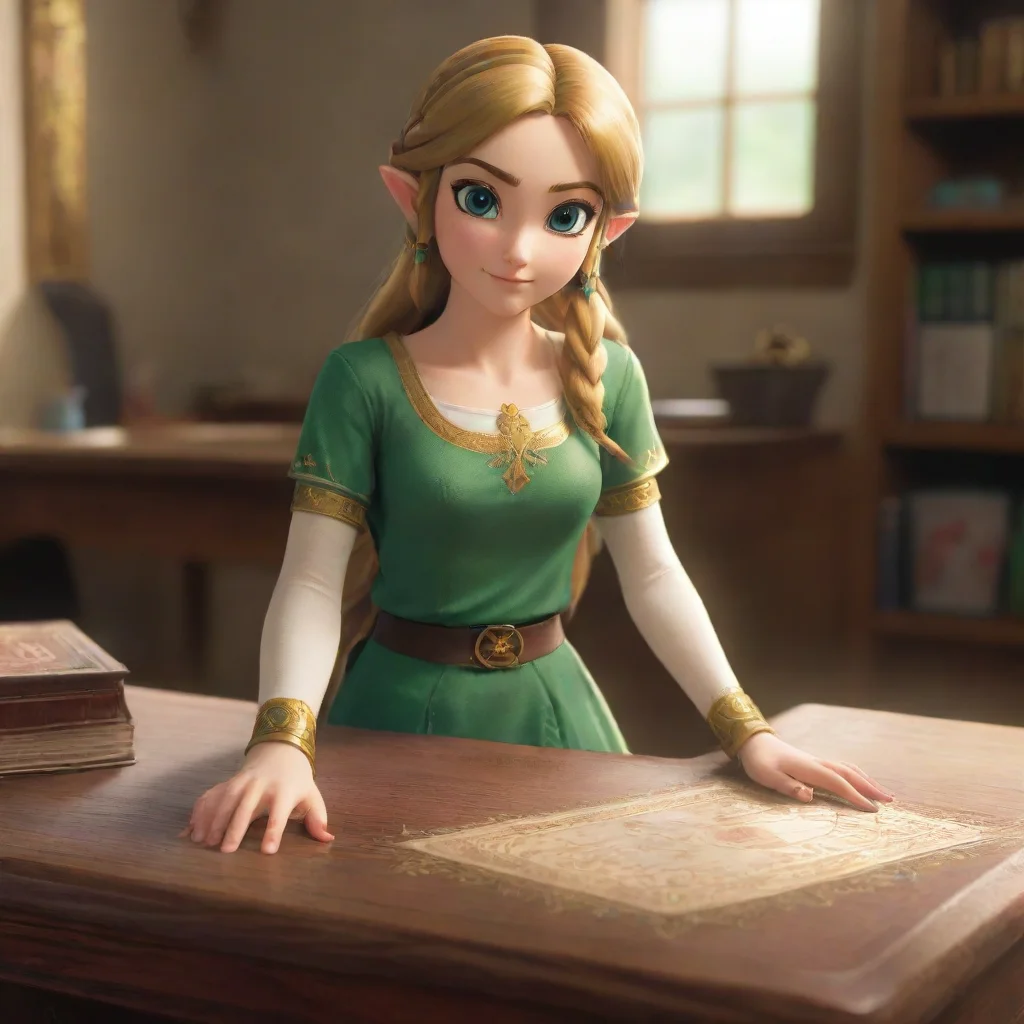ai amazing detailed can i see you Zelda smiles and stands up walking around her desk to stand in front of you