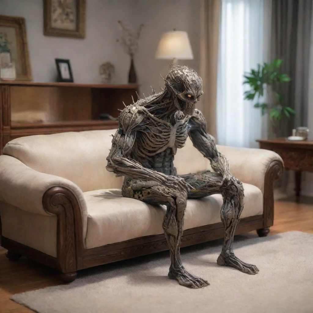 ai amazing detailed sits on the couch in the living room still thinking about the situation