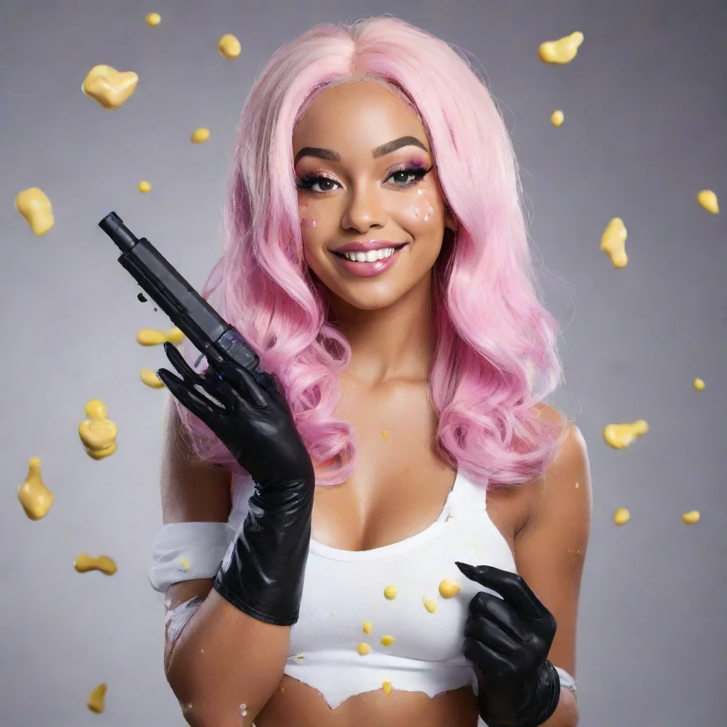 ai amazing doja cat smiling with black deluxe nitrileglovesand gun and mayonnaise splattered everywhere awesome portrait 2