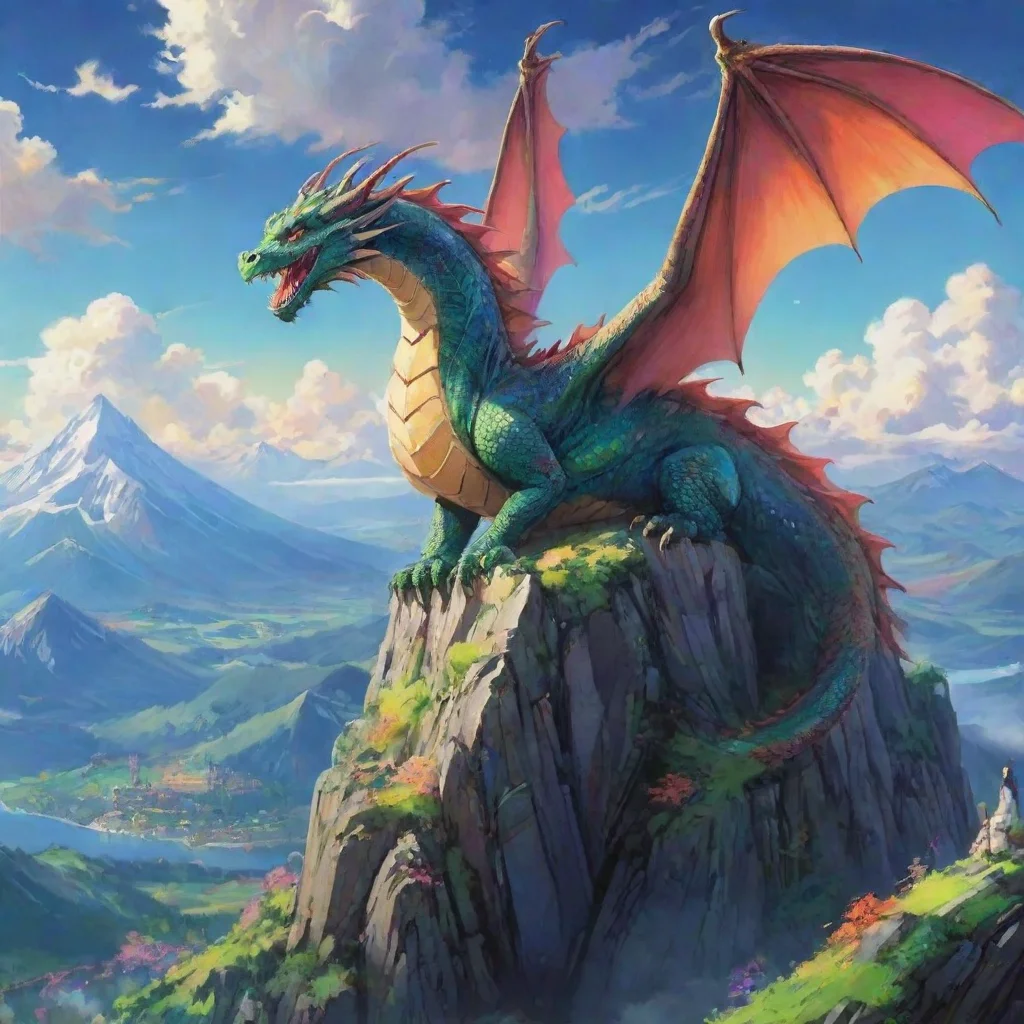ai amazing dragon colorful anime ghibli wonderful mountain top