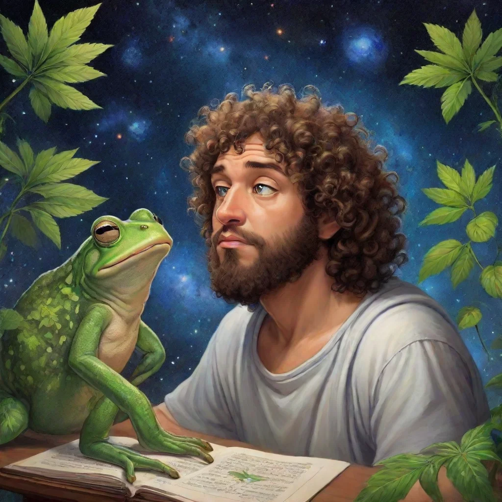 ai amazing draw a cartoon picture of a curly haired greek philosopher talking to a frog with marijuana leaves and galaxies 