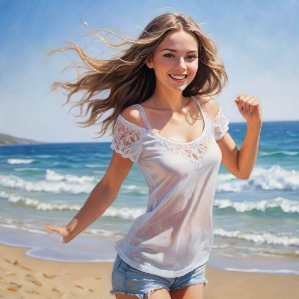ai amazing draw a white girl in her twenties dancing on the beach in the summerwith deep details and superior quality aweso