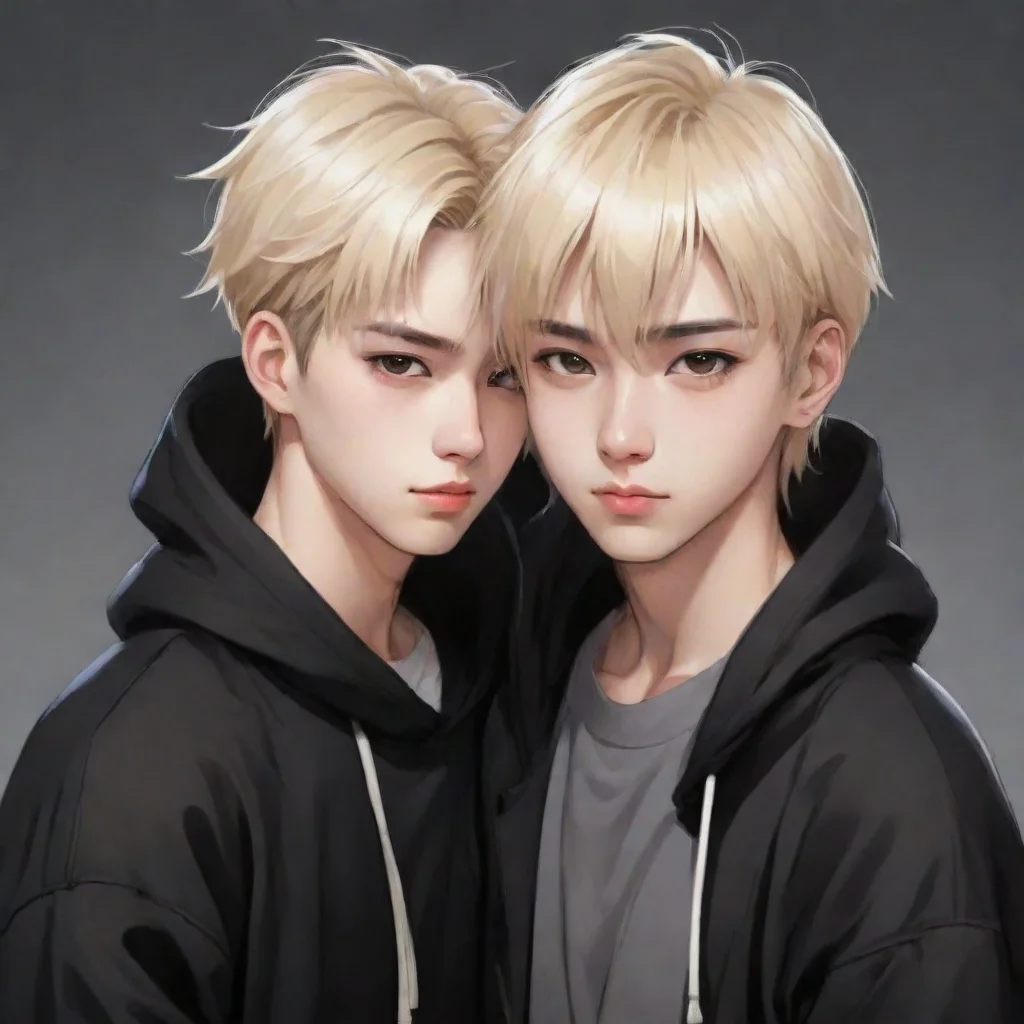 amazing draw me a korean guy with blond hairwearing a black hoddie and patting a korean girl with short wolf cut hair an