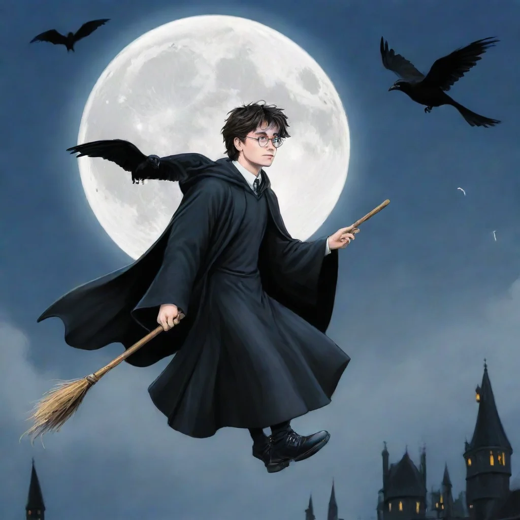 ai amazing drawn pop of harry potter riding a broom while holding his wandthe background is bluetheir is a small full white