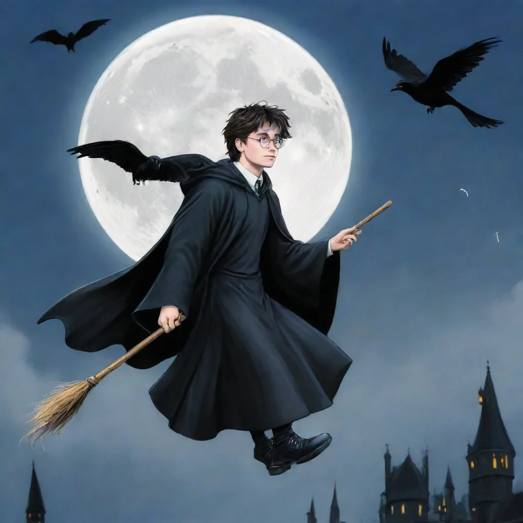 amazing drawn pop of harry potter riding a broom while holding his wandthe background is bluetheir is a small full white