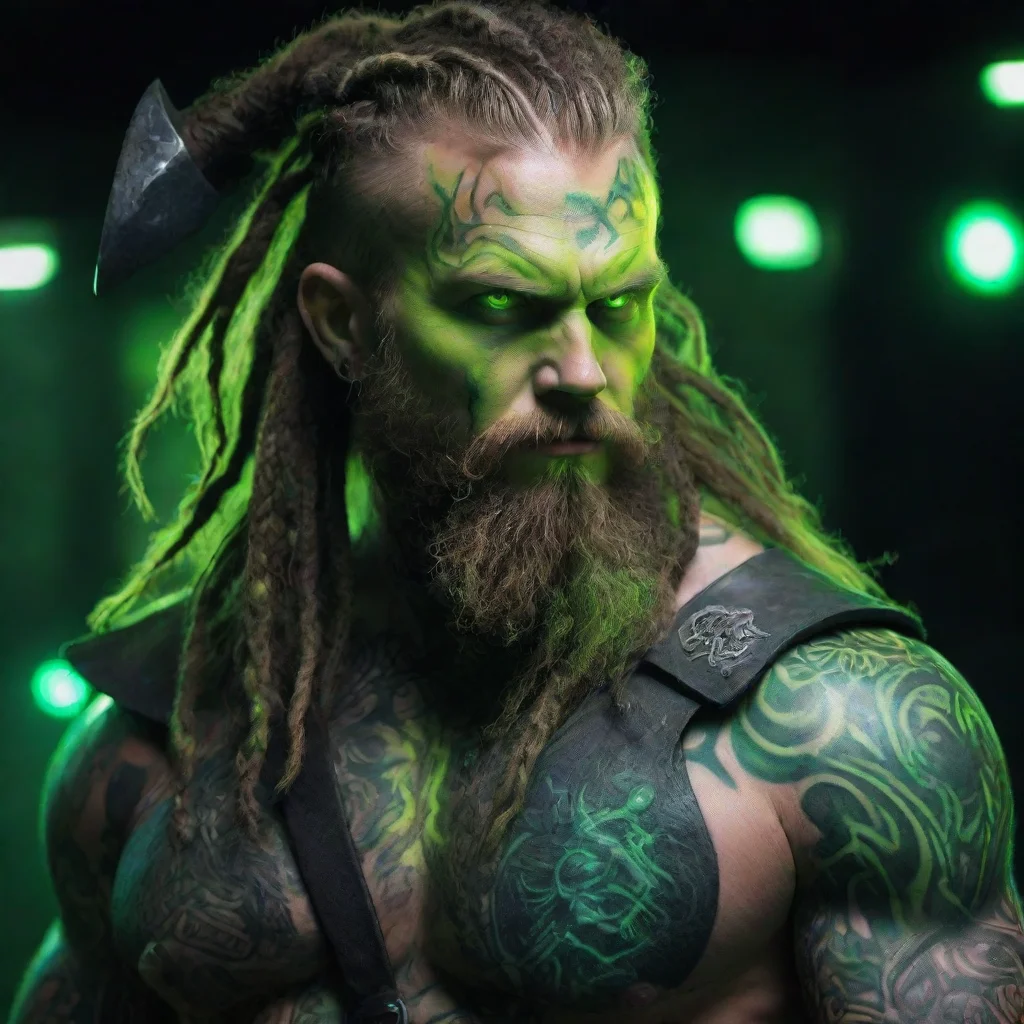 ai amazing dreadlockedbearded glowing neon green tattooed cyberpunk viking berserk with big axe awesome portrait 2