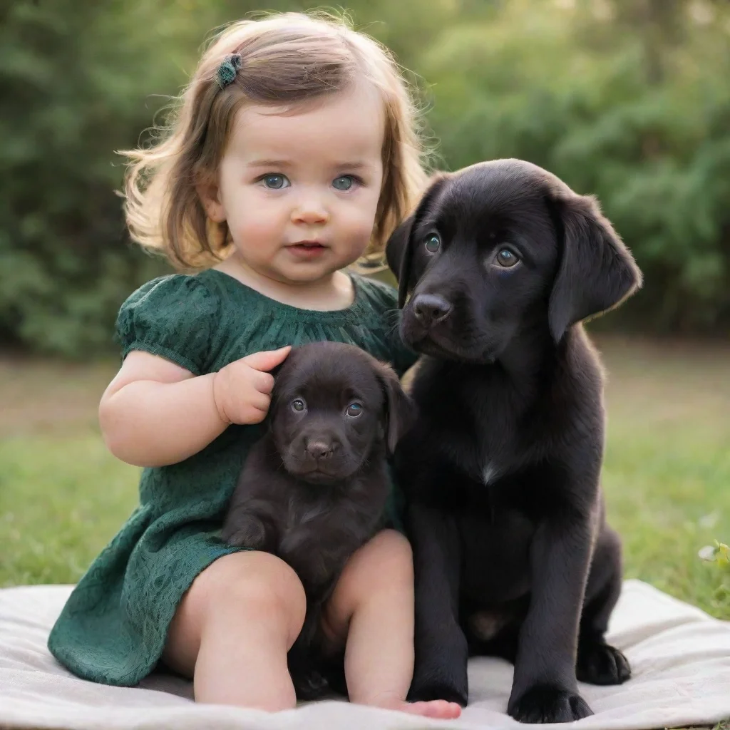 ai amazing dusky 6 months old baby girl with brown straight hair and green eyes playing with her black labrador pup awesome
